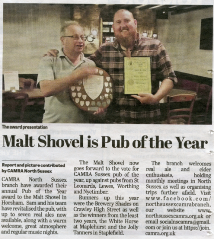 West Sussex Press clipping Malt Shovel wins award